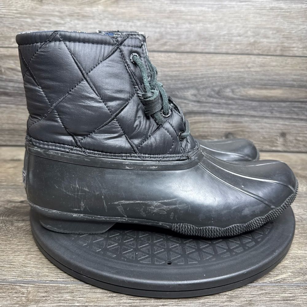 Sperry Womens 10 Flannel Duck Boots Saltwater Quilted Black Rubber STS85529